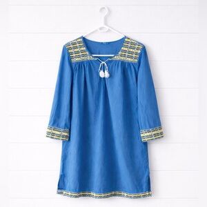 J McLaughlin Woman’s Blouse Size M Blue Embroidered Tassels 3/4 Sleeves